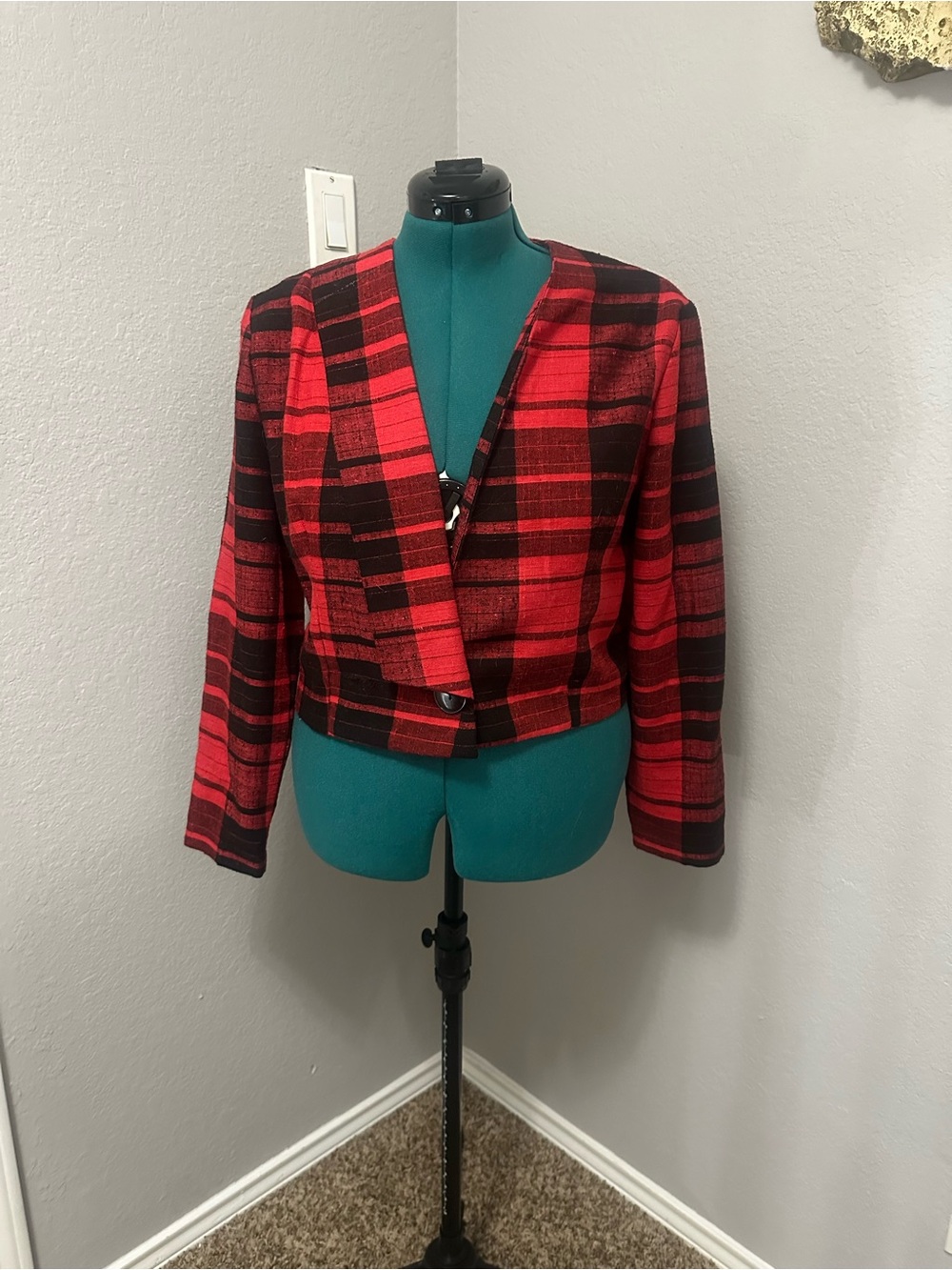 Betsey Johnson Red and Black Plaid Cropped Blazer